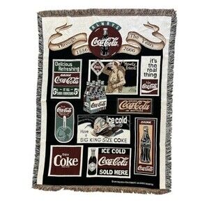 VTG 1999 Coca-Cola Advertisement Afghan Throw Blanket Tapestry 52” x 71”RARE Mem